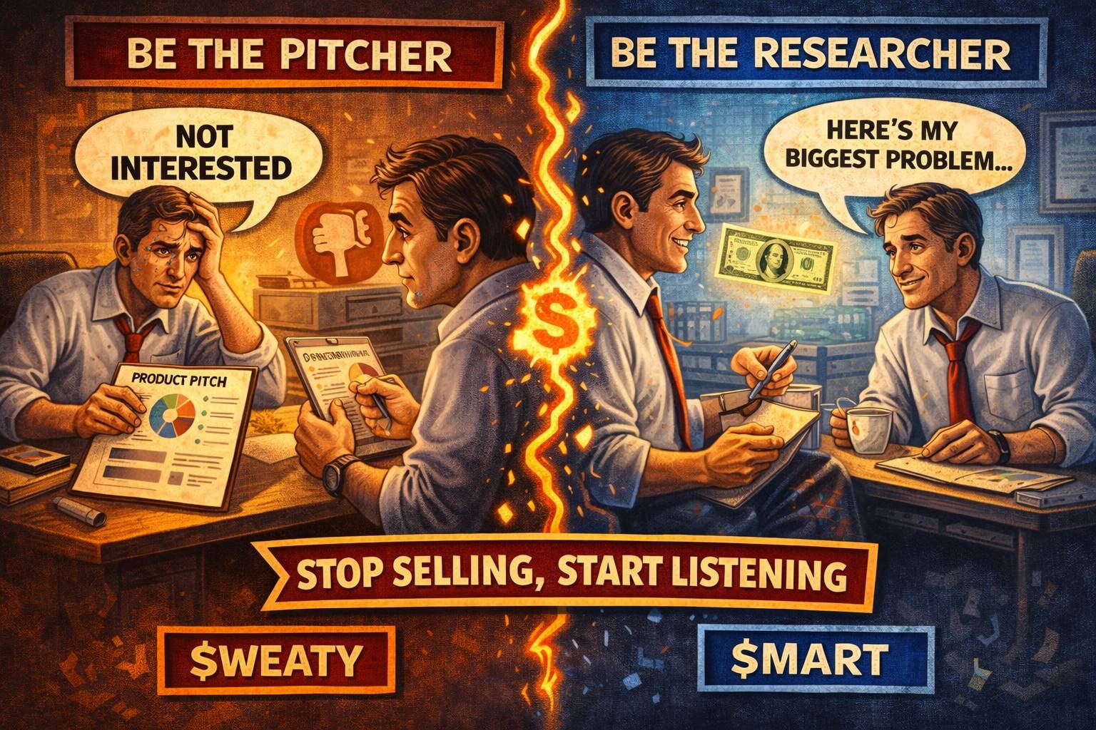 A split illustration showing a stressed salesperson struggling to pitch on one side, and a relaxed researcher having an open, paid conversation on the other — highlighting that removing sales pressure leads to honest insights and easier conversions.