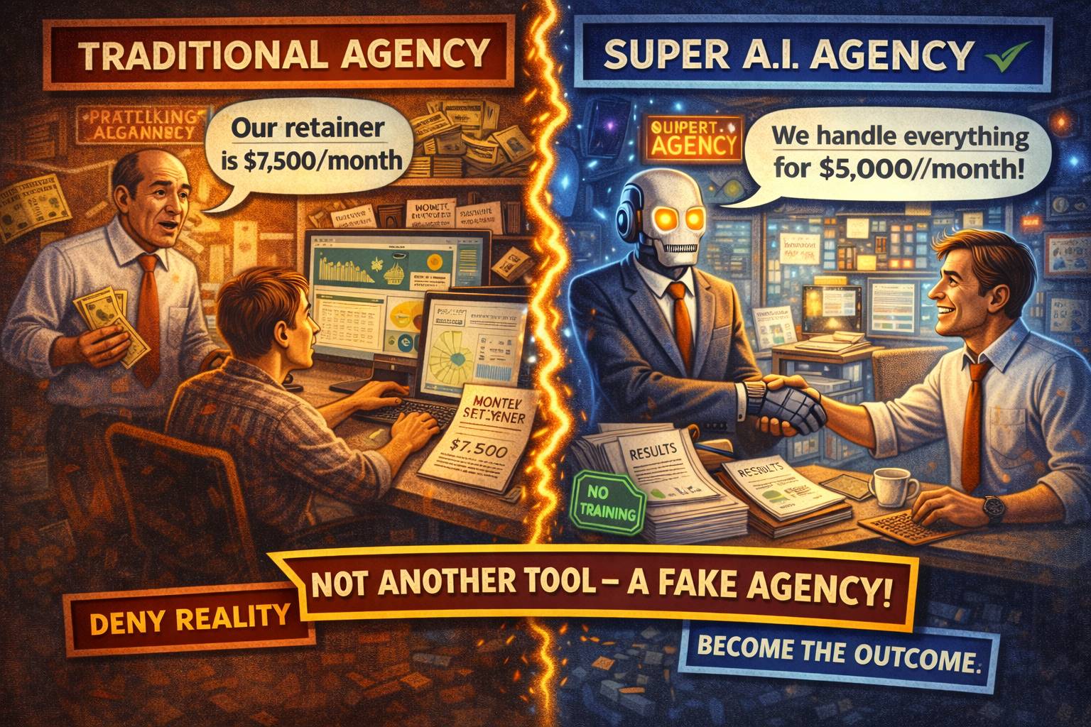 A split illustration showing a traditional agency selling expensive, manual work on one side, and an AI-powered “agency” delivering results effortlessly on the other—highlighting the shift from selling tools to selling outcomes.