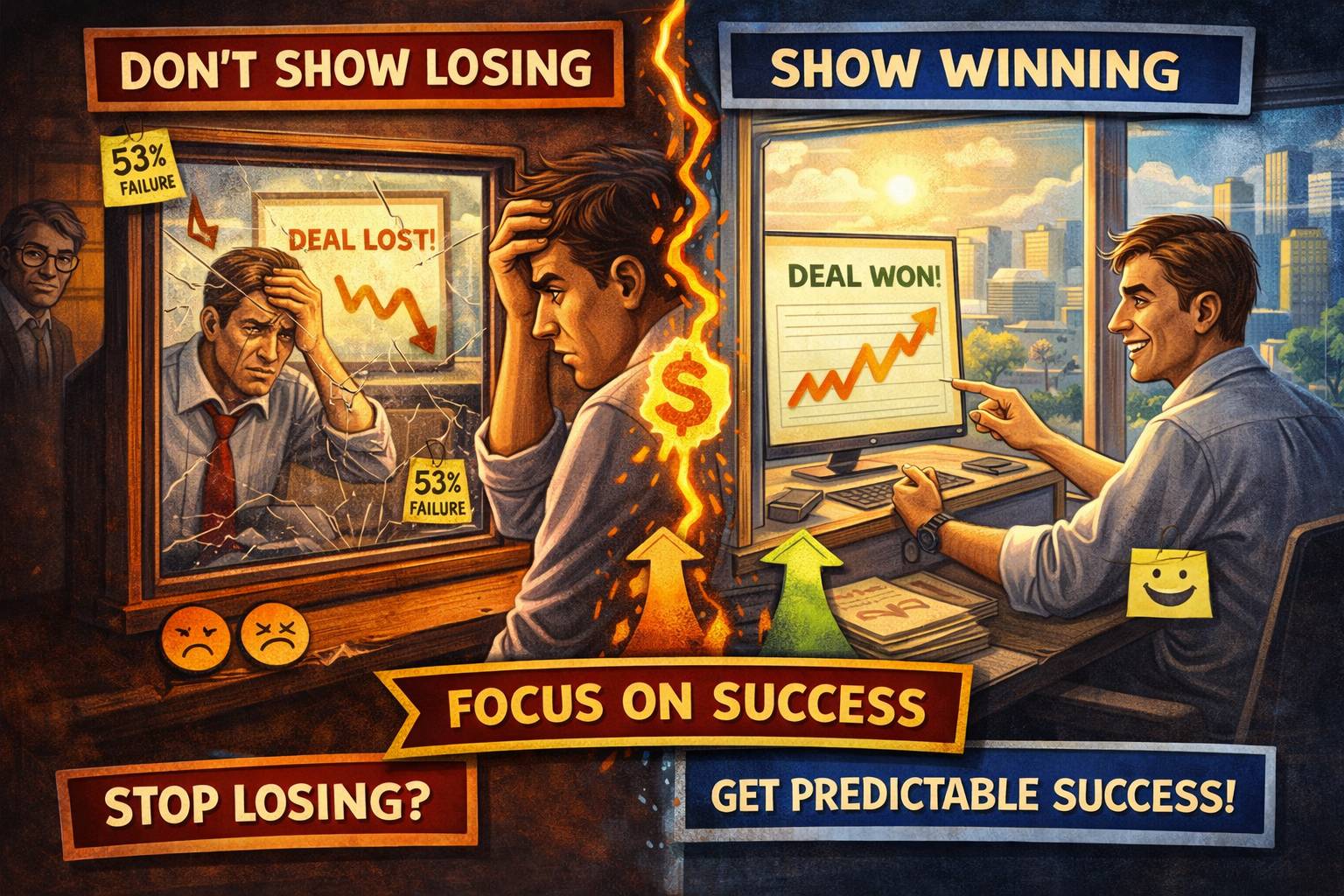 A split illustration showing a salesperson facing failure in a broken mirror on one side, and confidently looking at a winning outcome on the other—highlighting that people prefer solutions that show success, not their mistakes.