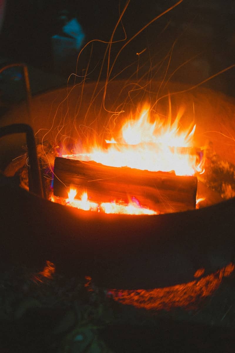Campfire burning brightly in the darkness.