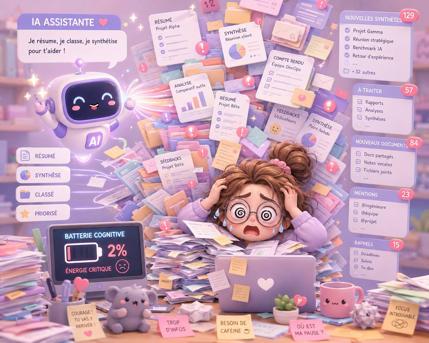 Utilisatrice d'IA submergée d'informations par un assistant IA