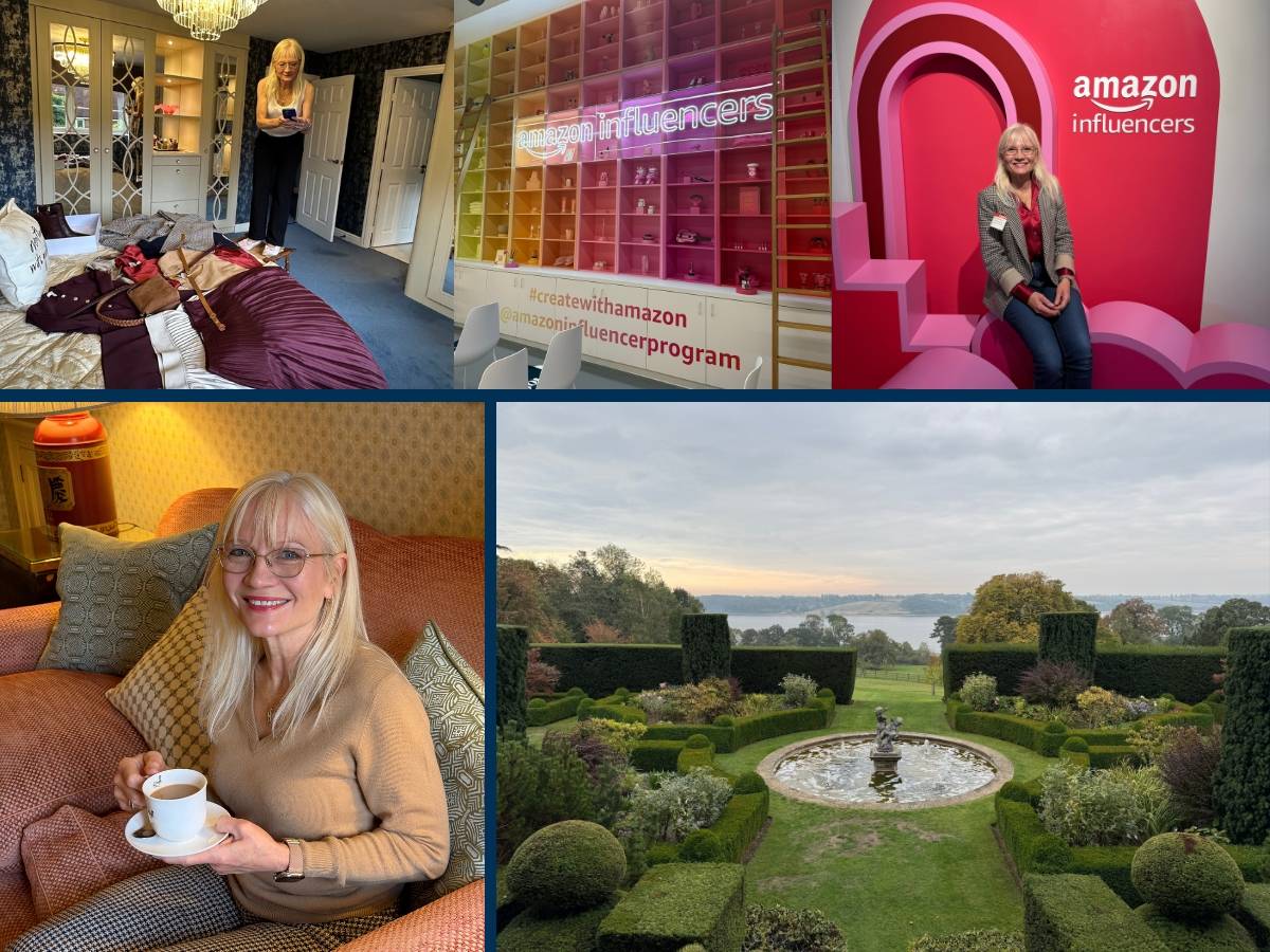 A collage of images including April standing on a stool taking a flat lay photograph of some clothes, images from Amazon studios, April drinking a cup of tea, and the view over the gardens and Rutland Water from the terrace at Hambleton Hall