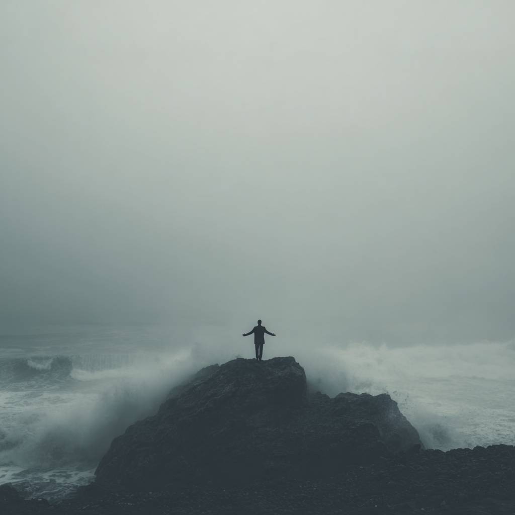 a person on an island with water crashing all around