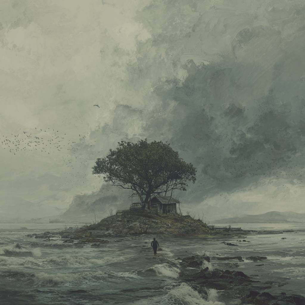 a leader walking towards an island of refuge in a storm