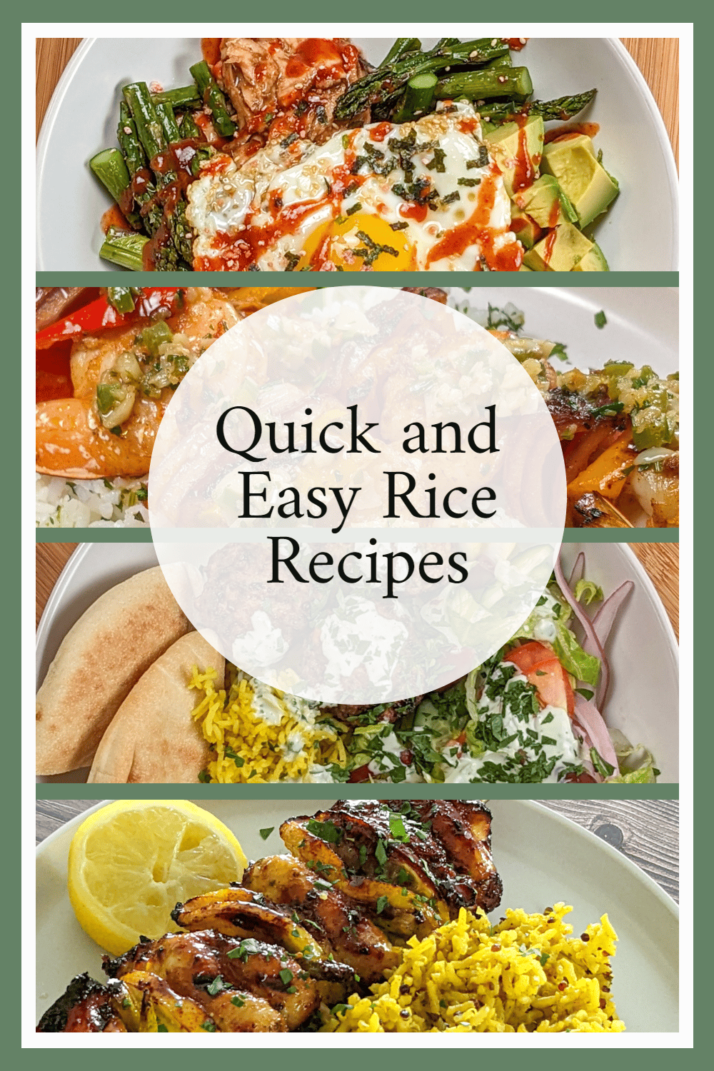 Pinterest pin showcasing four dishes with rice, that reads: Quick and Easy Rice Recipes.