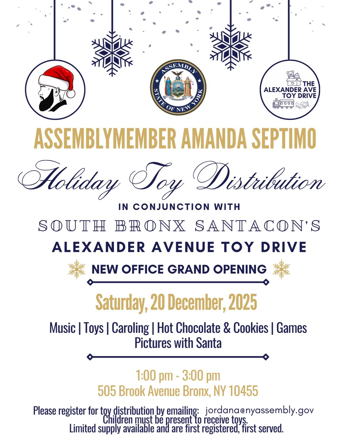 📣 IT’S TIME… to give back! #BronxStyle 🫱🏾‍🫲🏿

South Bronx SantaCon is teaming up with Assemblymember Amanda Septimo for a Holiday Toy Distribution, in conjunction with @bxsantacon ‘s Alexander Avenue Toy Drive. ✨ 

🧸 Toys • 🎶 Music • ☕ Hot Chocolate • 🎅🏽 Pics with Santa • 🎮 Games

📅 Saturday, Dec 20 | 1–3PM
New Office Grand Opening:
📍 505 Brook Ave, Bronx

• Toy registration required: jordana@nyassembly.gov
• Children must be present
• Limited Supply
• First registered, first served

See you there! 🫶🏽

#BronxStrong #SouthBronx #Leadership #ToyDrive #GiveBack #BXSantaCon