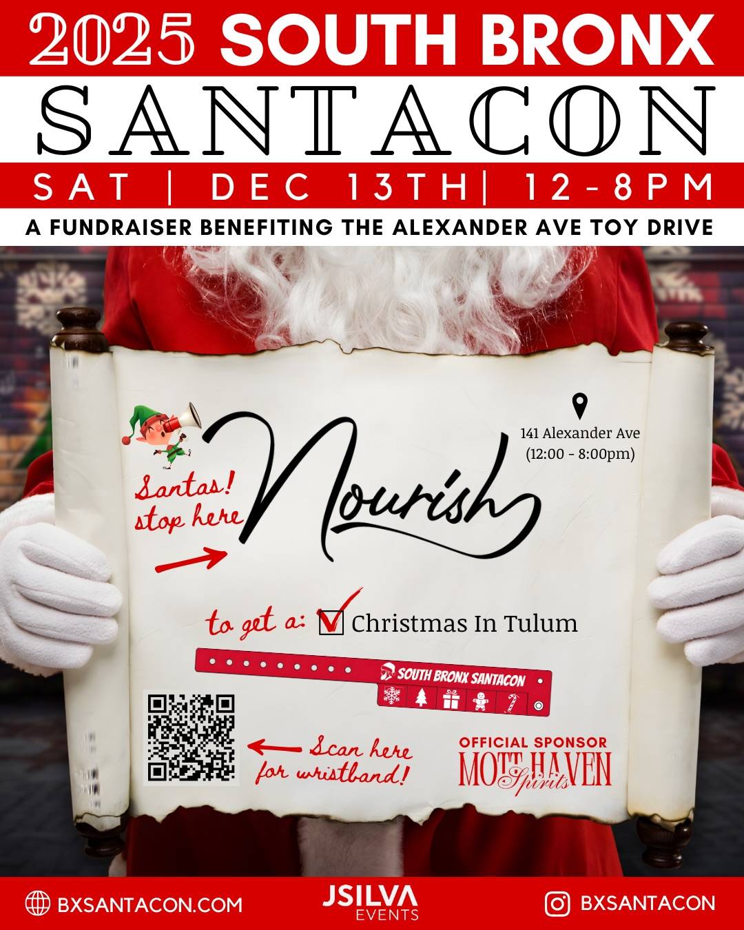 📍 SOUTH BRONX SANTACON STOP! 🎅🏽

Nourish is excited to be a part of the 2025 South Bronx SantaCon this Saturday, December 13th | 12–8PM! 

📣 Wristband Holders! Stop here for:
🎄 Signature SantaCon Cocktail: Christmas In Tulum
🍹 Happy Hour Specials
🎶 Vibes: DJ
📸 Photos & festive fun!

This year’s South Bronx SantaCon benefits the Alexander Ave Toy Drive, helping bring joy to children in our community. 🧸 

🕒 SantaCon Hours at @nourishbx : 12-8pm
📍 Location: 141 Alexander Ave

🎟️ Visit @bxsantacon for wristband & full details!

Don’t forget to tag us and use #BXSantaCon so Santa can find you!
See you on the crawl, Santas ! 🎅🏽🍻✨