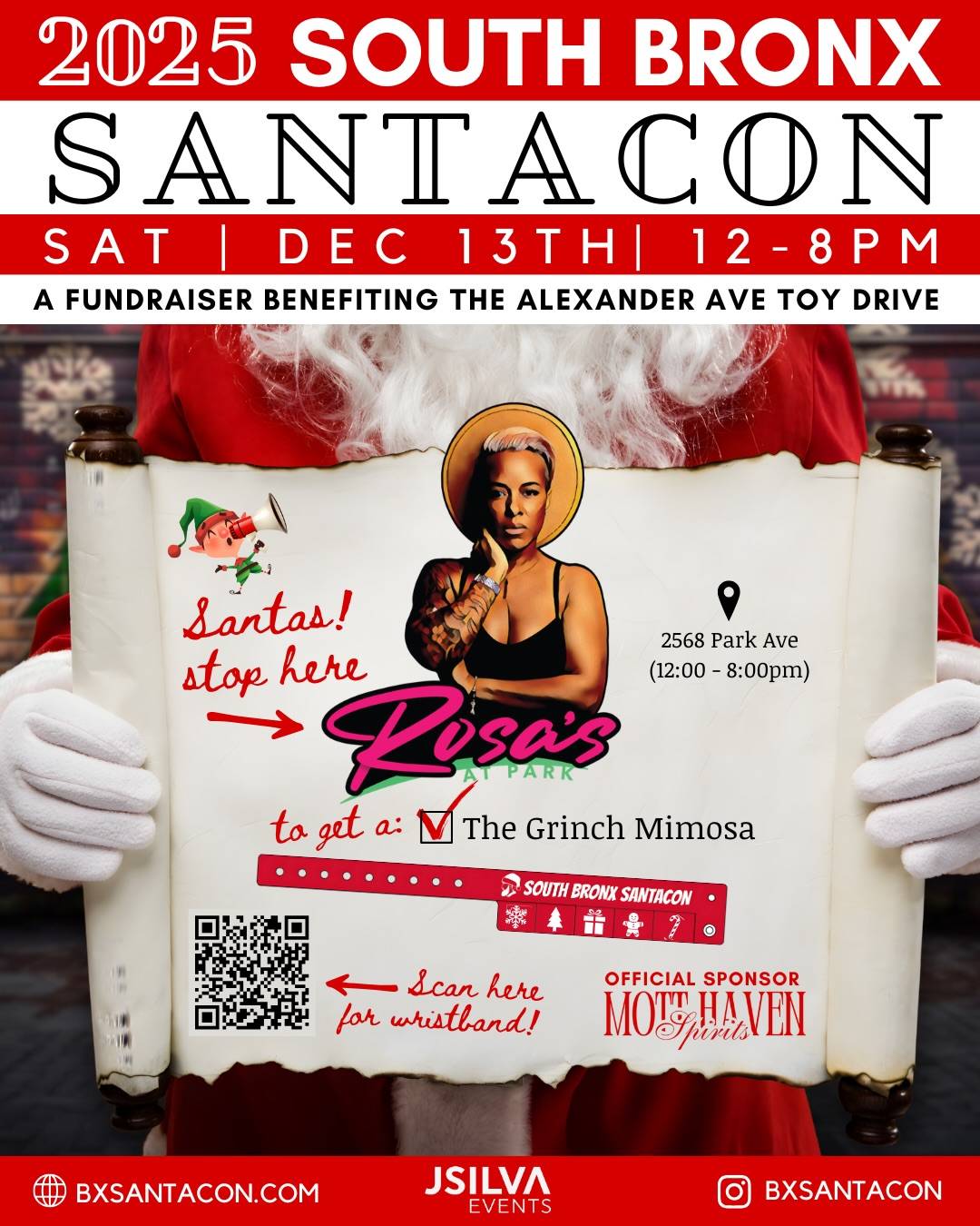 📍 1ST STOP: @rosasatpark 🎅🏽🍺 
2025 South Bronx SantaCon next Saturday, December 13th | 12–8PM! 

📣 Wristband Holders! Stop here for:
🎄 Signature SantaCon Cocktail: The Grinch Mimosa
🍹 Happy Hour Specials
🎶 Vibes: Live DJ
📸 Photos & festive fun!

This year’s South Bronx SantaCon benefits the Alexander Ave Toy Drive, helping bring joy to children in our community. 🧸 

🕒 SantaCon Hours at Rosa’s at Park: 12-8pm
📍 Location: 2568 Park Ave

🎟️ Visit @bxsantacon for wristband & full details!

Don’t forget to tag us and use #BXSantaCon so Santa can find you!
See you on the crawl, Santas ! 🎅🏽🍻✨