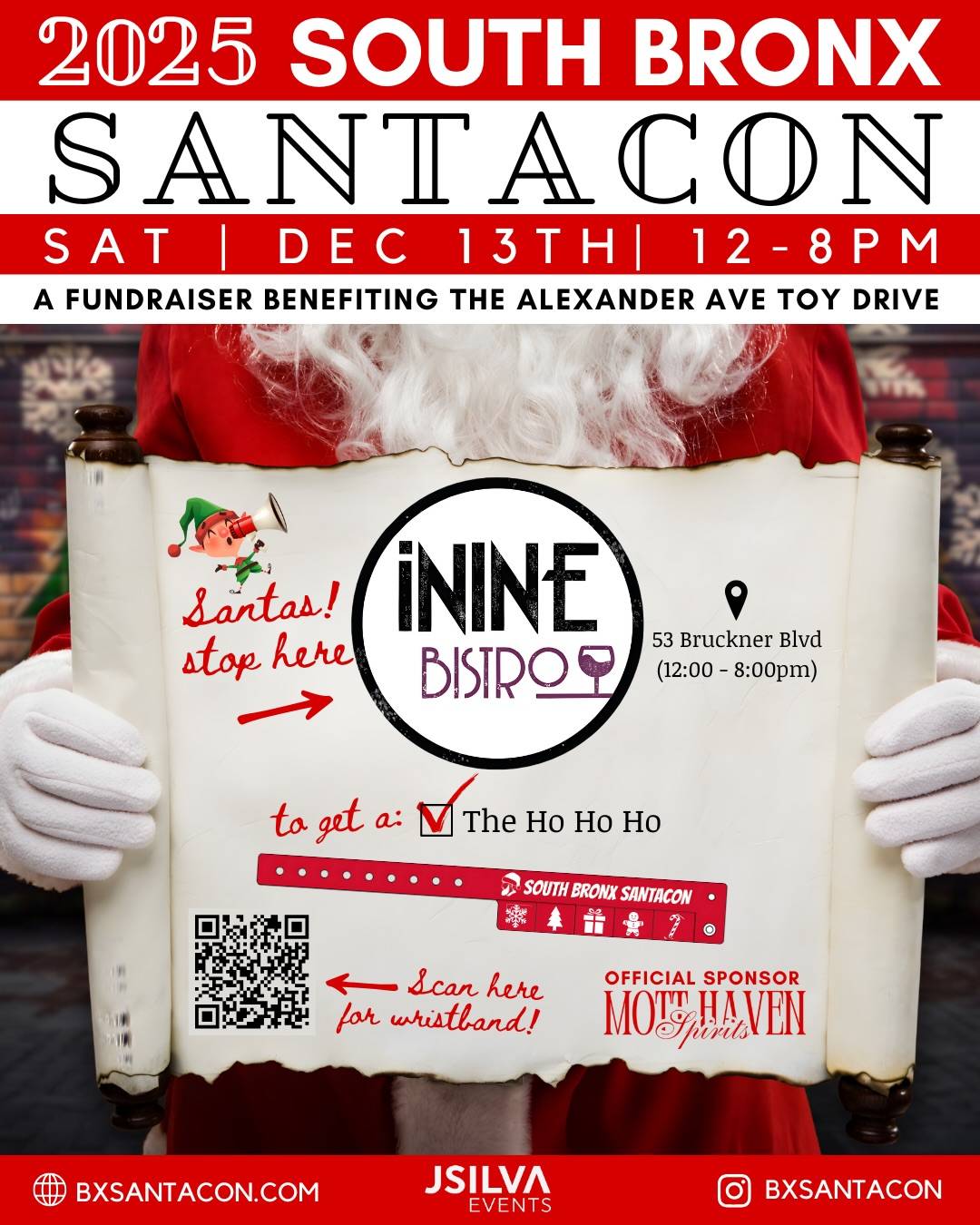 📍 SOUTH BRONX SANTACON STOP! 🎅🏽

iNine Bistro is excited to be a part of the 2025 South Bronx SantaCon this Saturday, December 13th | 12–8PM! 

📣 Wristband Holders! Stop here for:
🎄 Our Signature SantaCon Cocktail: The Ho Ho Ho
🍹 Happy Hour Specials
🎶 Holiday Vibes
📸 Photos & festive fun!

This year’s South Bronx SantaCon benefits the Alexander Ave Toy Drive, helping bring joy to children in our community. 🧸 

🕒 SantaCon Hours at @ininebistro : 12-8pm
📍 Location: 53 Bruckner Blvd

🎟️ Visit @bxsantacon for wristband & full details!

Don’t forget to tag us and use #BXSantaCon so Santa can find you!
See you on the crawl, Santas ! 🎅🏽🍻✨