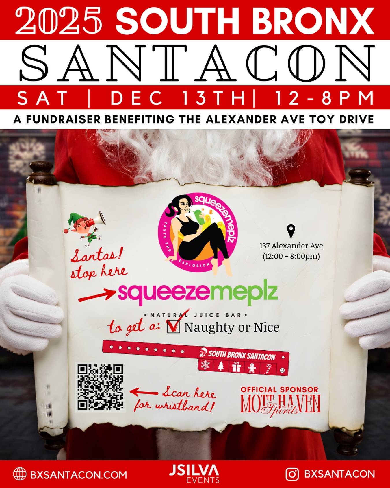 📍 SOUTH BRONX SANTACON STOP! 🎅🏽

SqueezeMePlz is excited to be a part of the 2025 South Bronx SantaCon next Saturday, December 13th | 12–8PM! 

📣 Wristband Holders! Stop here for:
🎄 Signature SantaCon Cocktail: Naughty or Nice
🍹 Grand Opening Specials
🎶 Holiday Vibes
📸 Photos & festive fun!

This year’s South Bronx SantaCon benefits the Alexander Ave Toy Drive, helping bring joy to children in our community. 🧸 

🕒 SantaCon Hours at @squeezemeplznyc : 12-8pm
📍 Location: 137 Alexander Ave

🎟️ Visit @bxsantacon for wristband & full details!

Don’t forget to tag us and use #BXSantaCon so Santa can find you!
See you on the crawl, Santas ! 🎅🏽🍻✨