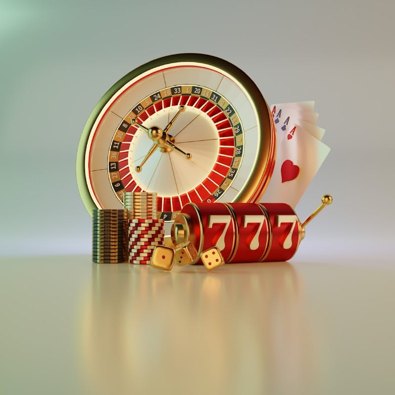 A clock, dice, and casino chips on a table