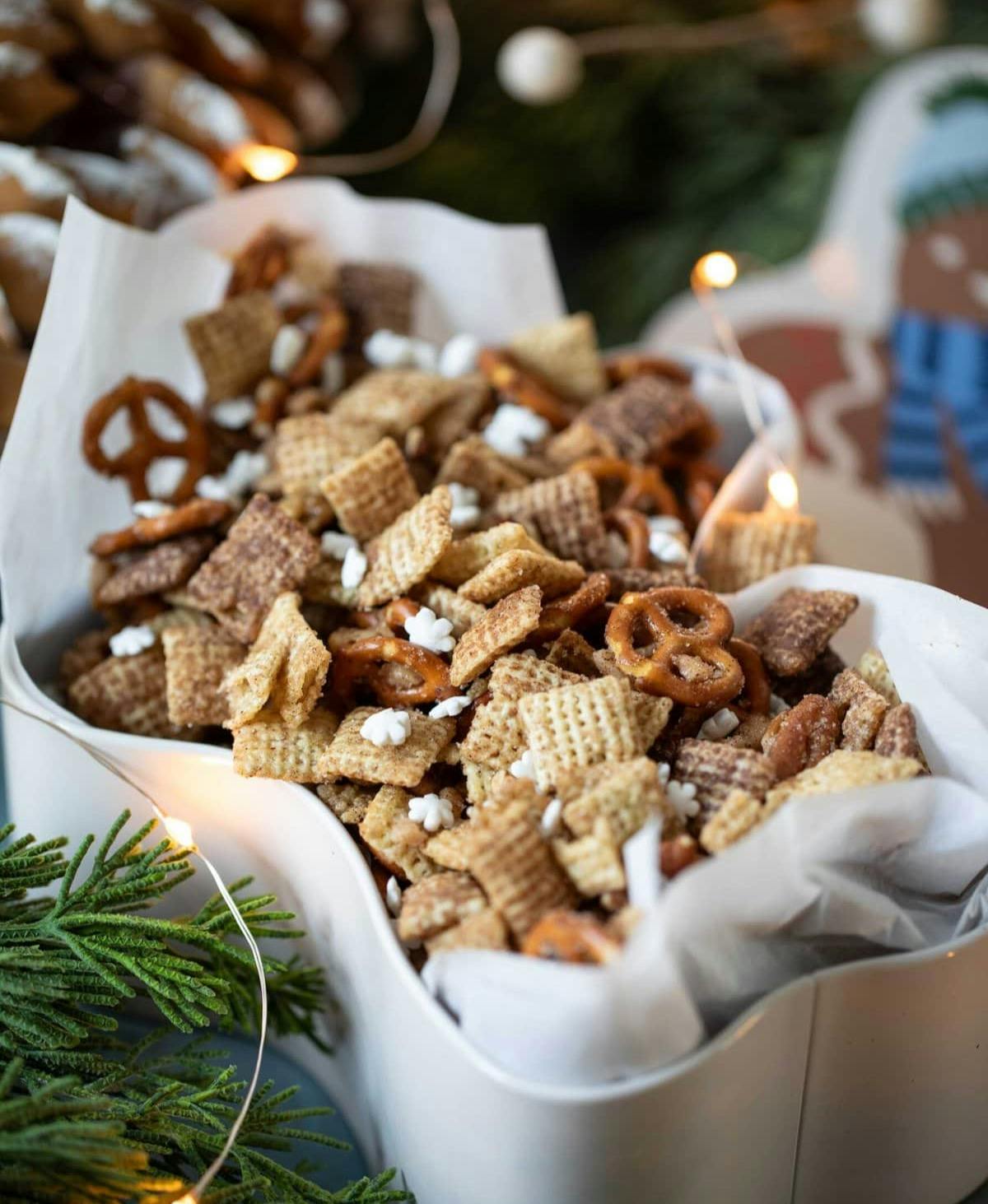 Snickerdoodle Chex Mix in Christmas tin.