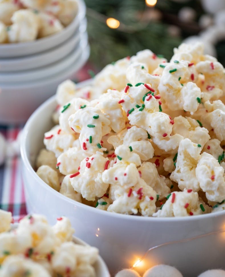 White Chocolate Puff Corn in a bowl. 