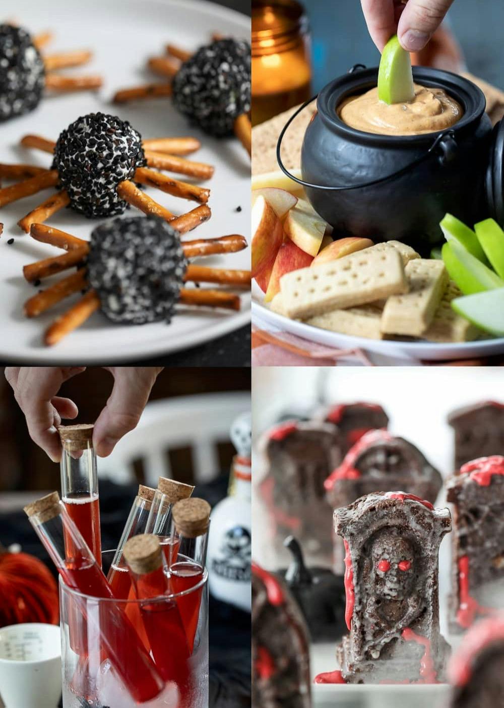 halloween snacks including cheese balls, pumpkin dip, cocktails, and tombstone shaped cakes. 