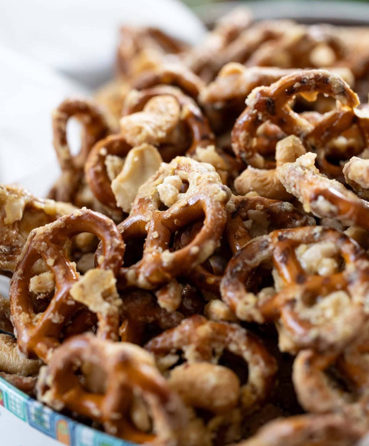 Sweet & Salty Cashew Toffee Pretzels in a tin.