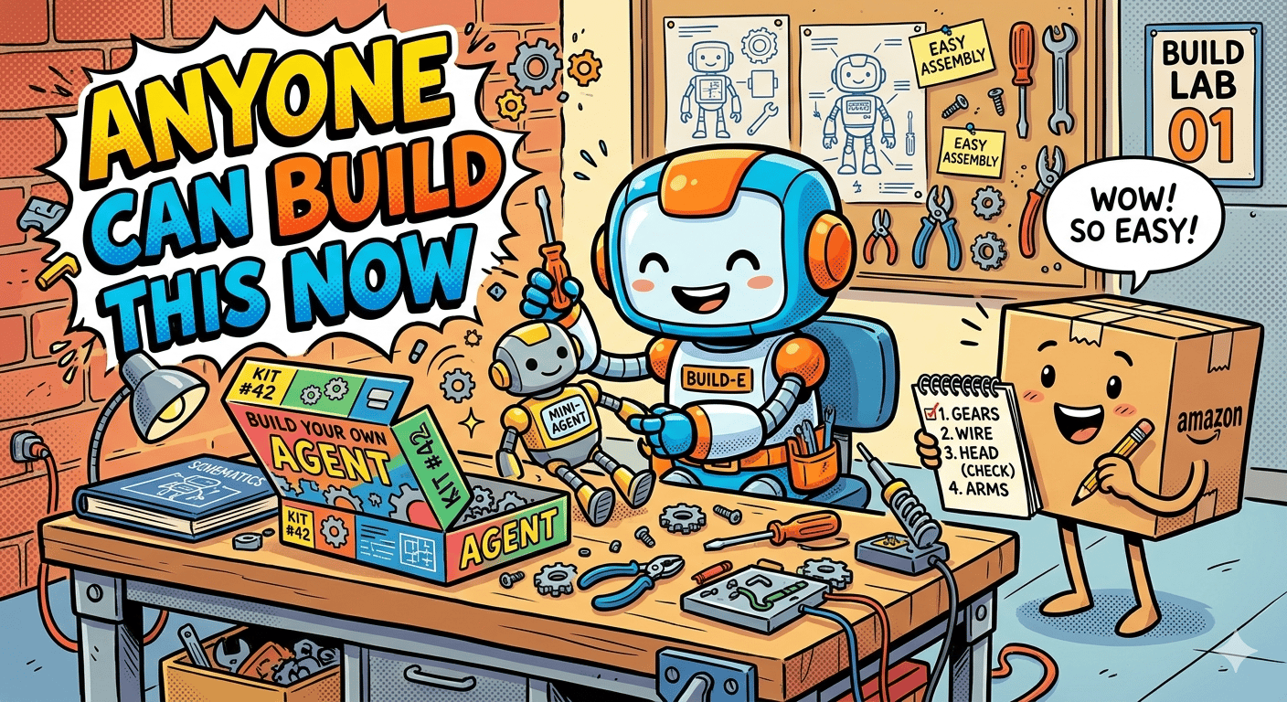 Comic-style illustration. A cute robot in a suit pointing at a giant scoreboard showing "$15B" and "$200B" with arrows going up. A happy Amazon box character stands beside it giving a thumbs up, wearing a tiny hardhat labeled "AI." Bold text at the top re