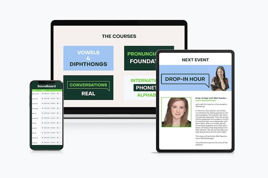 The Rachel's English Academy shown on a laptop, tablet and phone