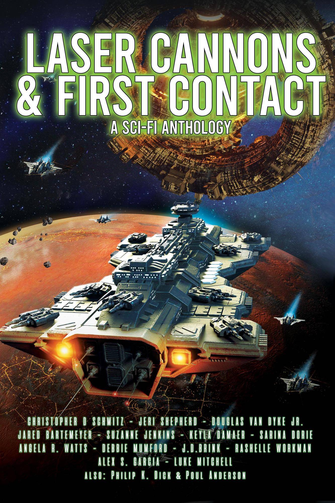 Book cover for the "Laser Cannons and First Contact" anthology.