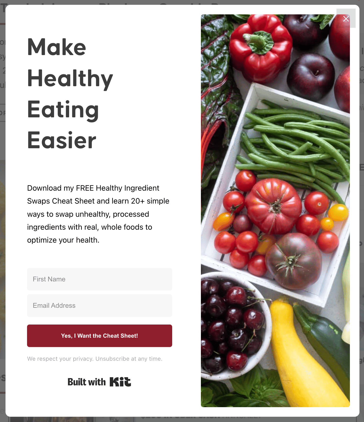 screenshot of what Marcie's Kit email pop up looks like for email sign ups