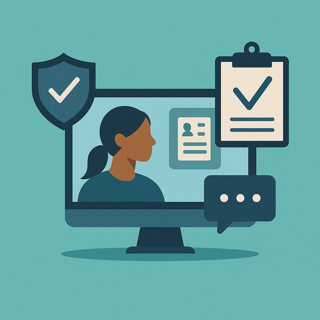 A flat digital illustration of a home office setup with a laptop, coffee mug, and cozy chair, symbolizing remote therapy or telehealth sessions.