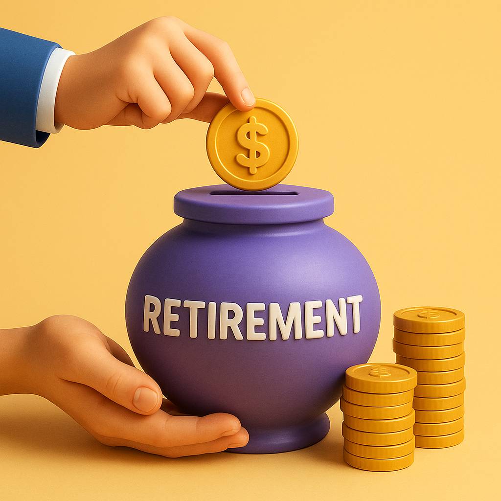 Person adding money to a retirement savings jar at their desk