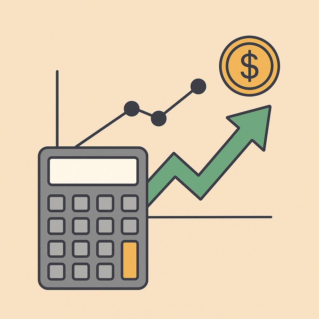Flat-style illustration of a vintage desk calculator, papers, and coffee mug symbolizing budget review and financial planning.