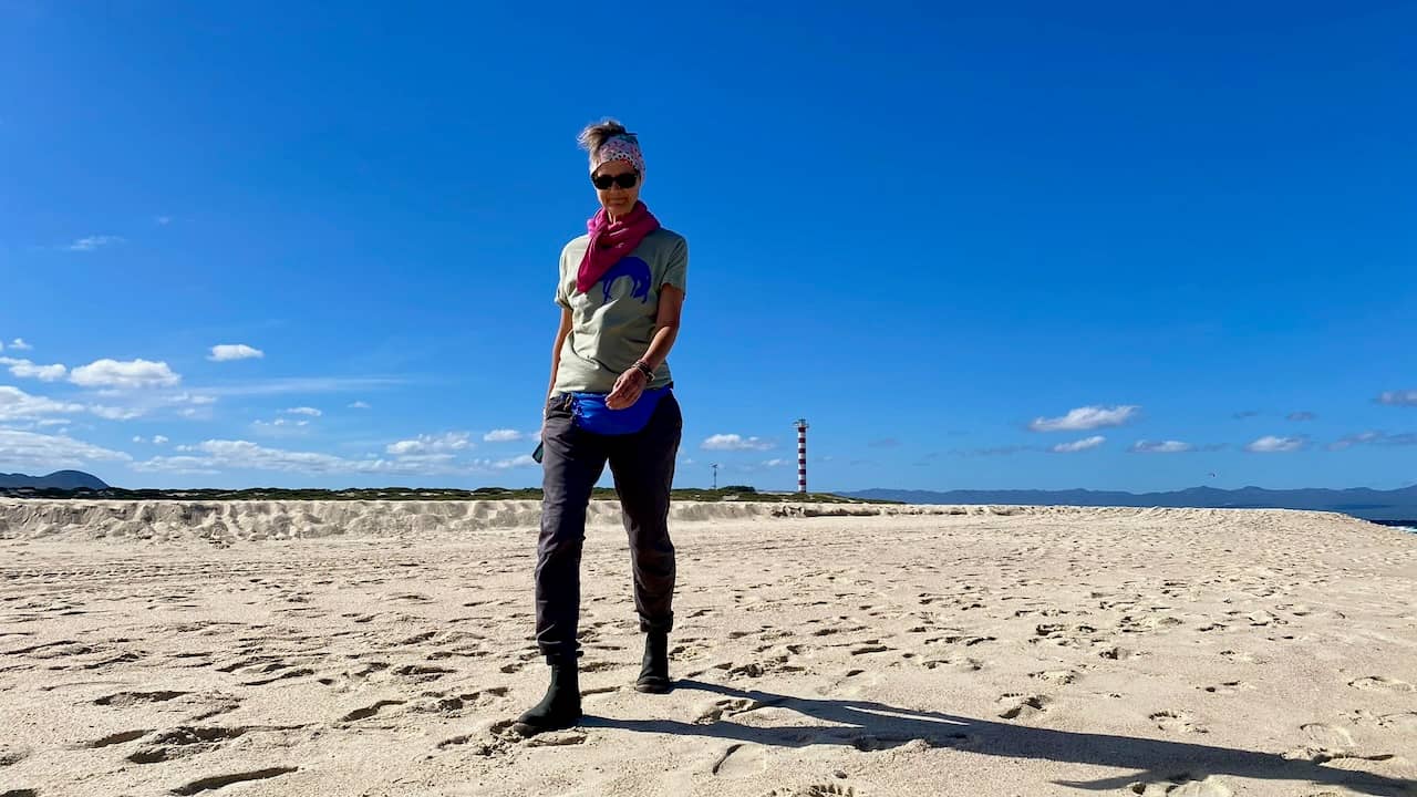 sylke walking along a sandy beach, blue sky, a lighthouse n the distance.