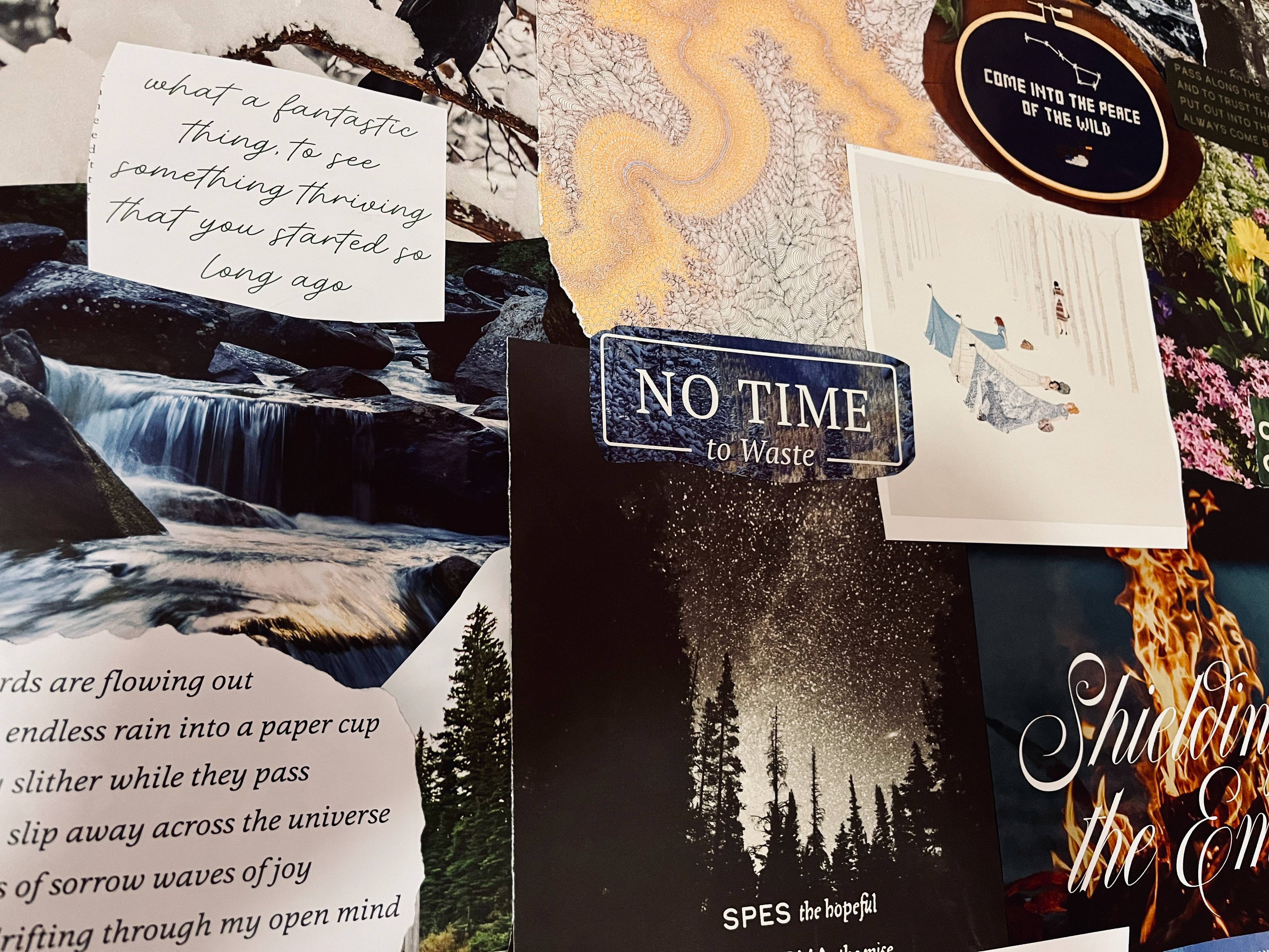 a shot of my vision board collage, including the words "No Time to Waste"