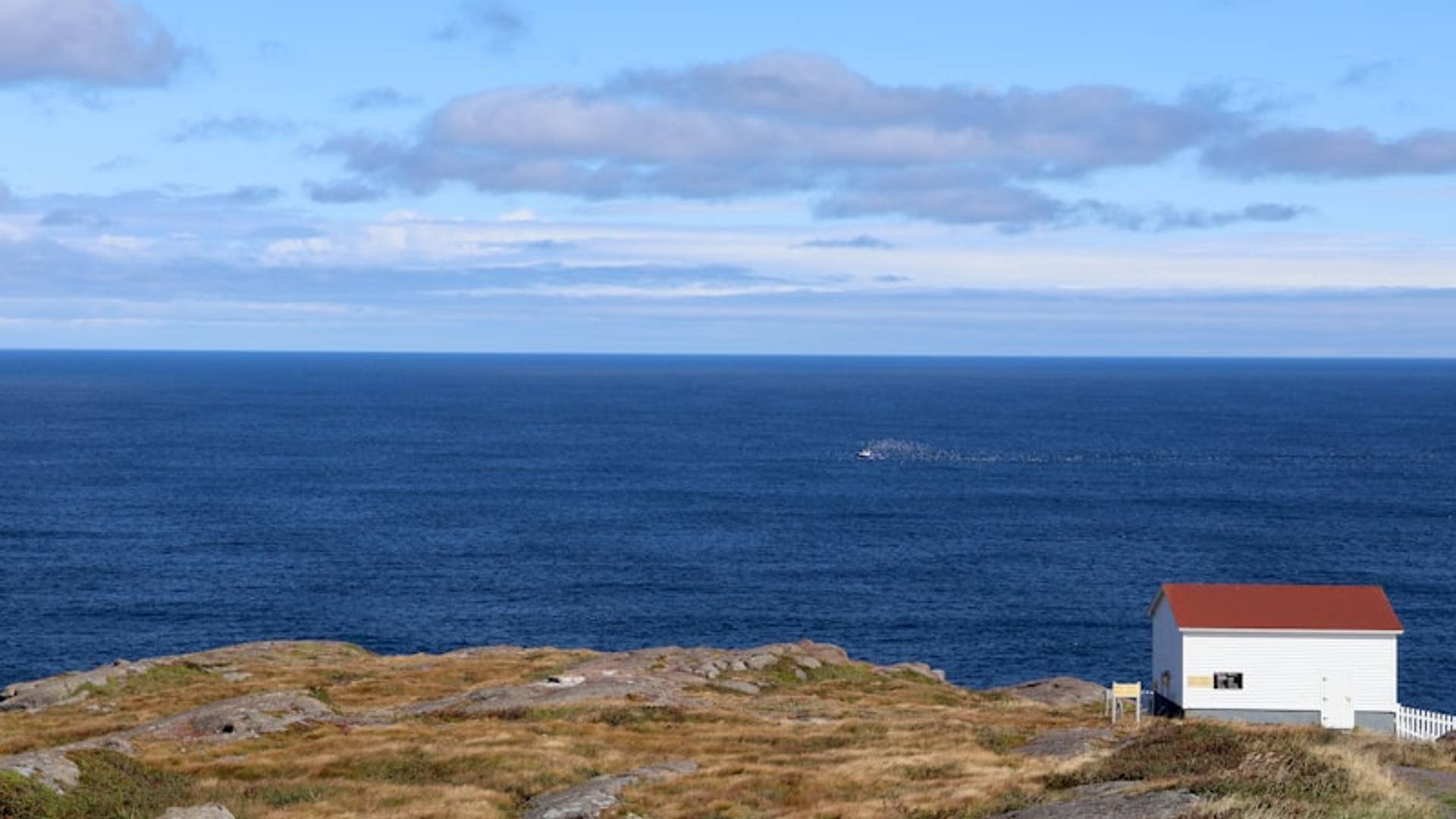 White building with red roof by the ocean