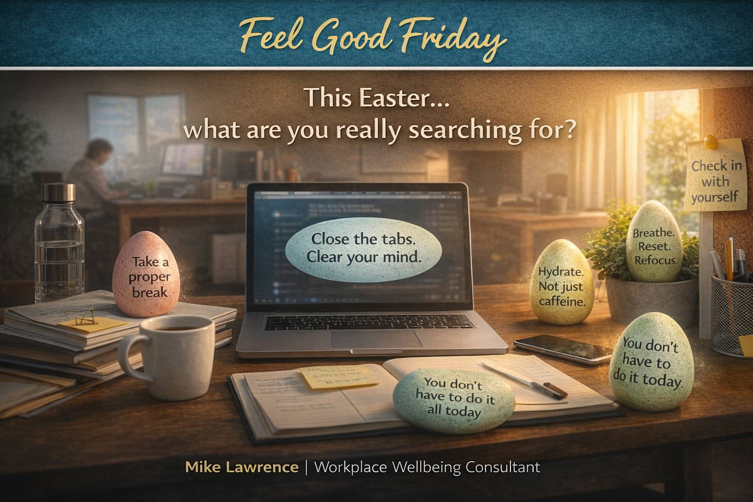 Office scene with Easter eggs displaying wellbeing messages about rest, focus and mental health