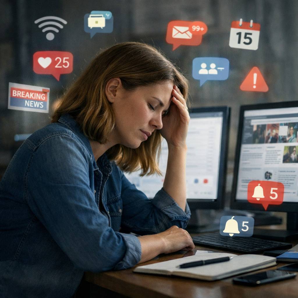 A woman sitting at a desk, holding her head while working on a laptop, surrounded by notification icons and digital alerts.