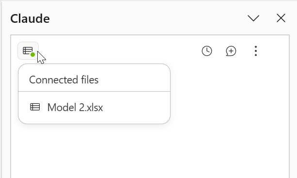 Claude's Connected files indicator in Excel showing the other open model it can access