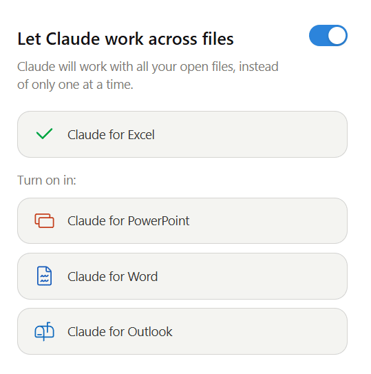 Claude settings in Excel with the Let Claude work across files toggle turned on