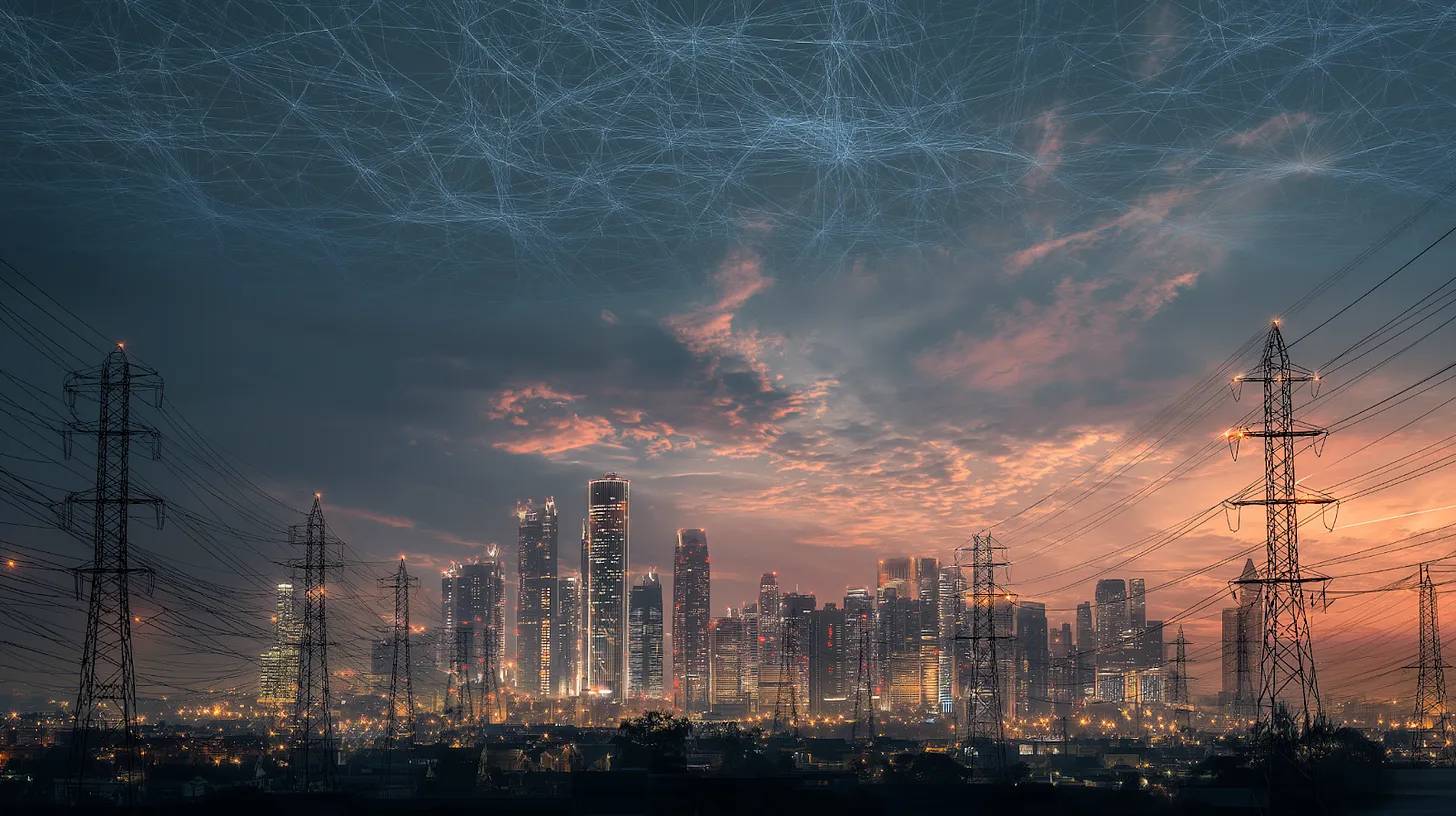 Editorial image showing a large data center glowing at dusk with high-voltage power lines in the foreground, illustrating rising electricity demand from AI infrastructure.