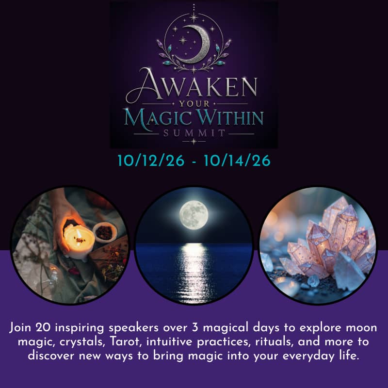 Announcement of the Awaken your Magic Within Summit 10/12-10/14 with images of a candle, moon over the water, and crystals.