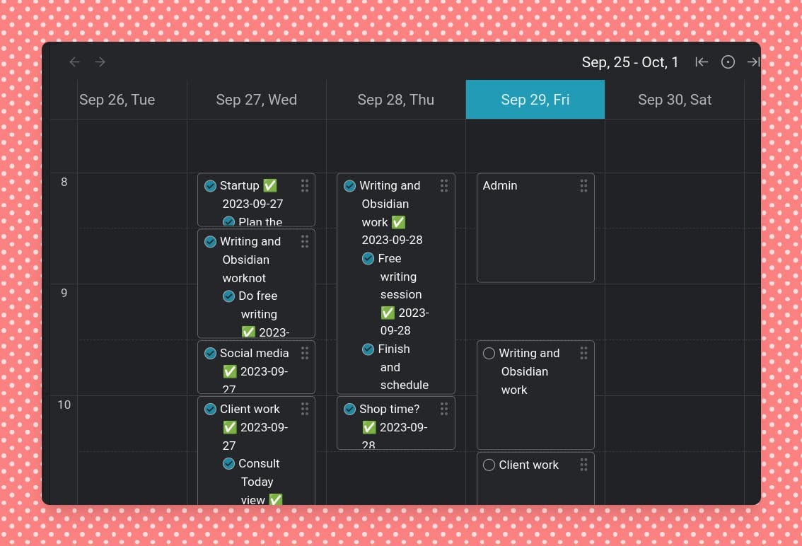 A screenshot of the week view from the Day Planner plugin in Obsidian.