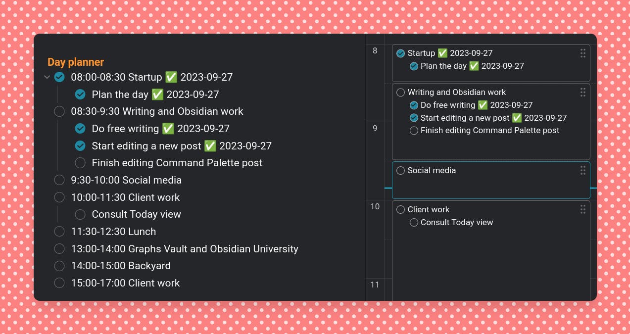 A screenshot of a timeboxed schedule created with the Day Planner plugin in Obsidian.