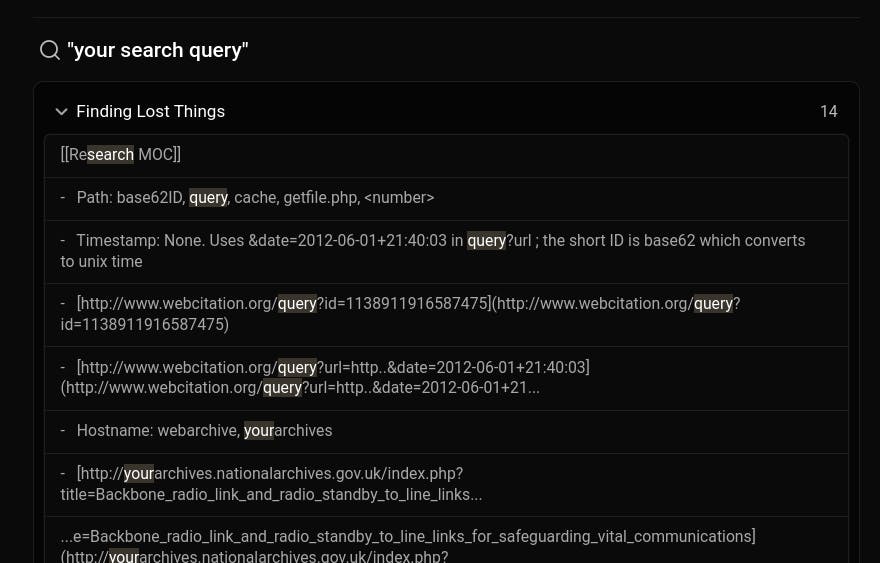 An example of an embedded search in Obsidian.