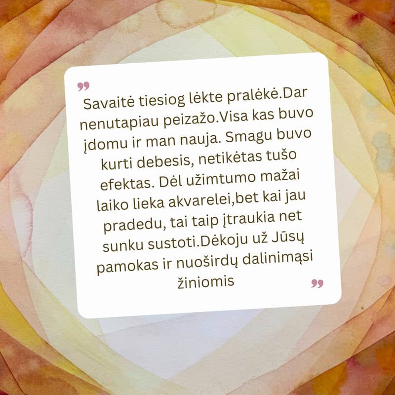 A quote in Lithuanian is centered on a background of abstract, overlapping shades of yellow, orange, and brown. The text is enclosed in a white square with quotation marks at the top and bottom.