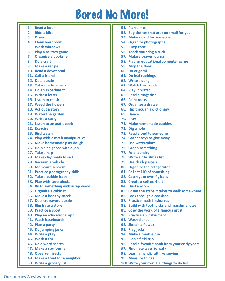 60 answers to I'm bored” - Free printable full of kids activities