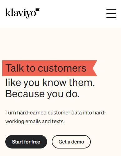 Klaviyo's new redesigned home page. The new headline reads, "Talk to customers like you know them. Because you do."