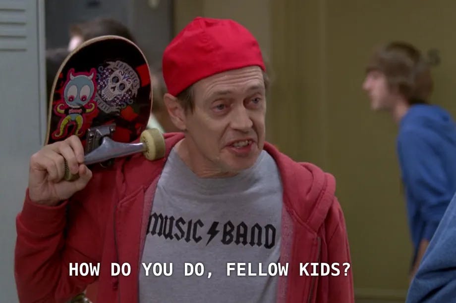Steve Buscemi in 30 Rock meme. The text is "How do you do, fellow kids?"