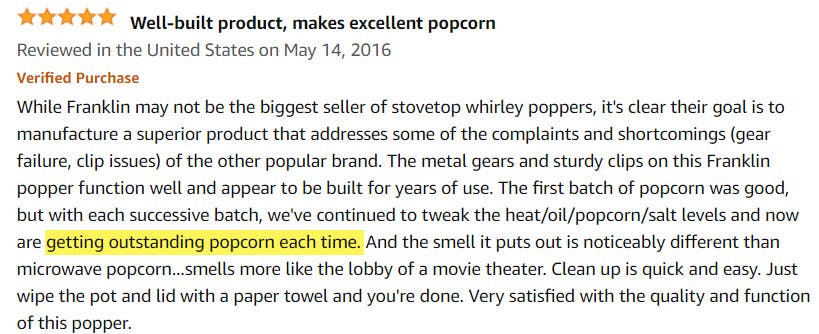 Amazon review that says "I'm getting outstanding popcorn each time"