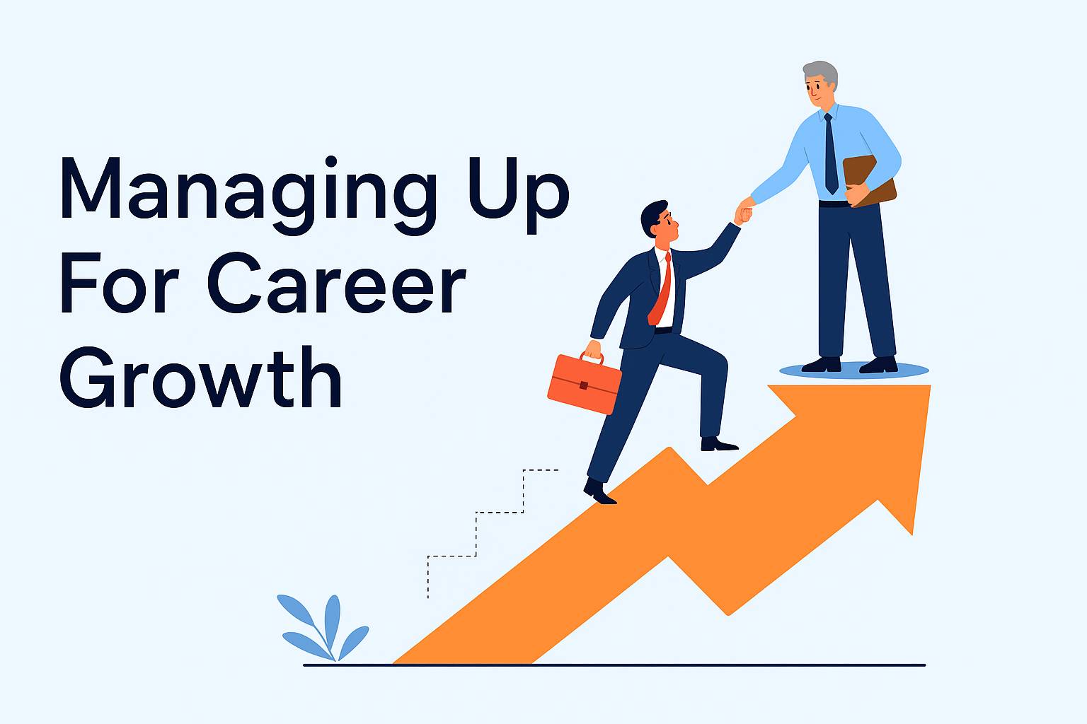 Illustration of a professional climbing an arrow-shaped ladder, receiving help from a manager, symbolizing managing up for career growth