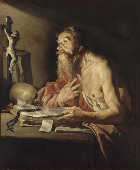 St Jerome with a crucifix, skull, Bible and looking up toward heaven