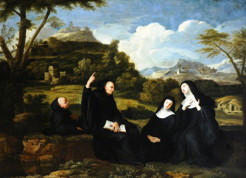 priests and nuns with a bucolic background