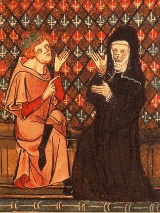 A medieval painting of a nun and a scholar talking