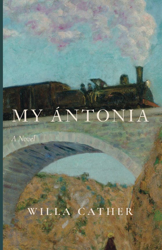 My Antonia cover from Cluny Media - a train with a prairie landscape