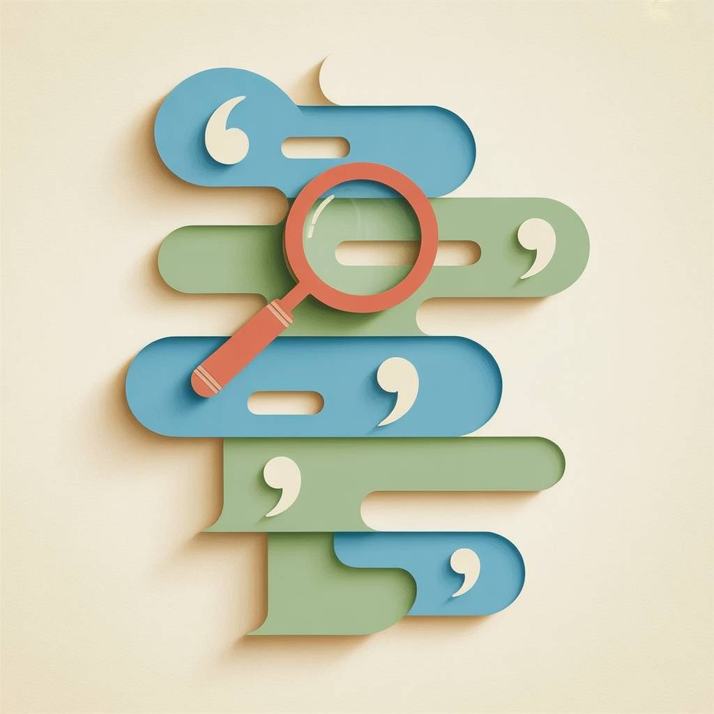 Paper cutout illustration of a magnifying glass examining stylized text with quotation marks, representing the detection of AI writing patterns