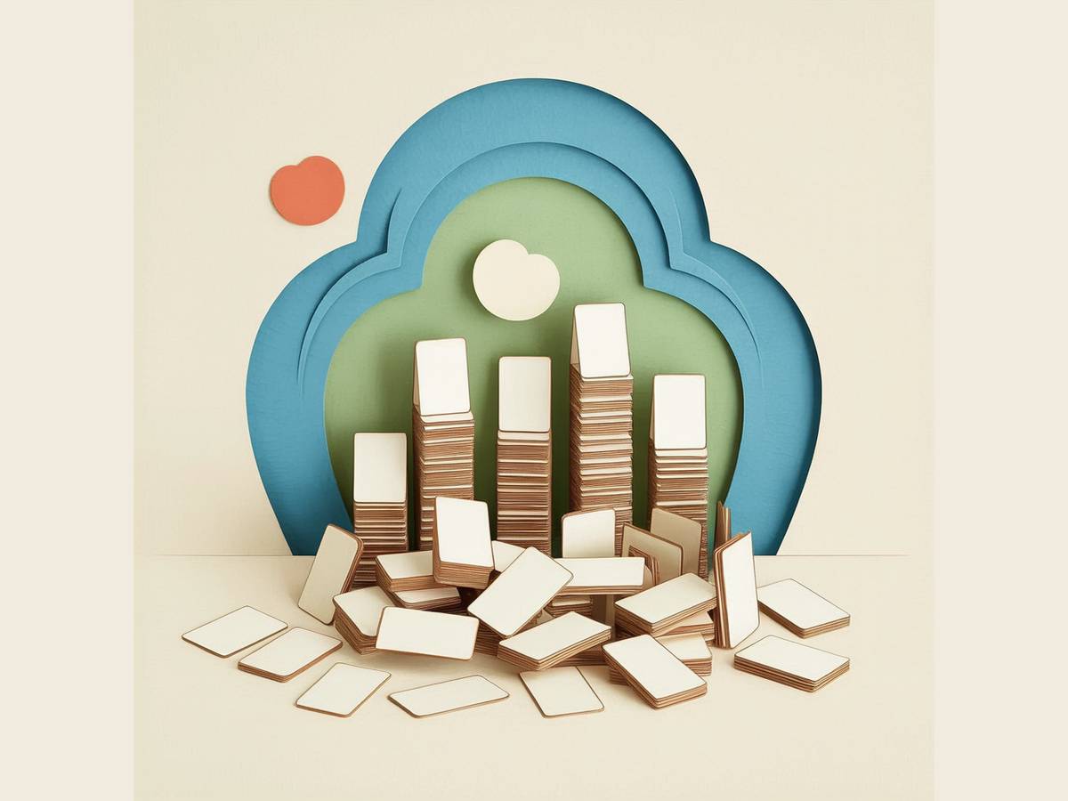 Paper-cutout illustration of scattered blank cards being sorted into six stacks